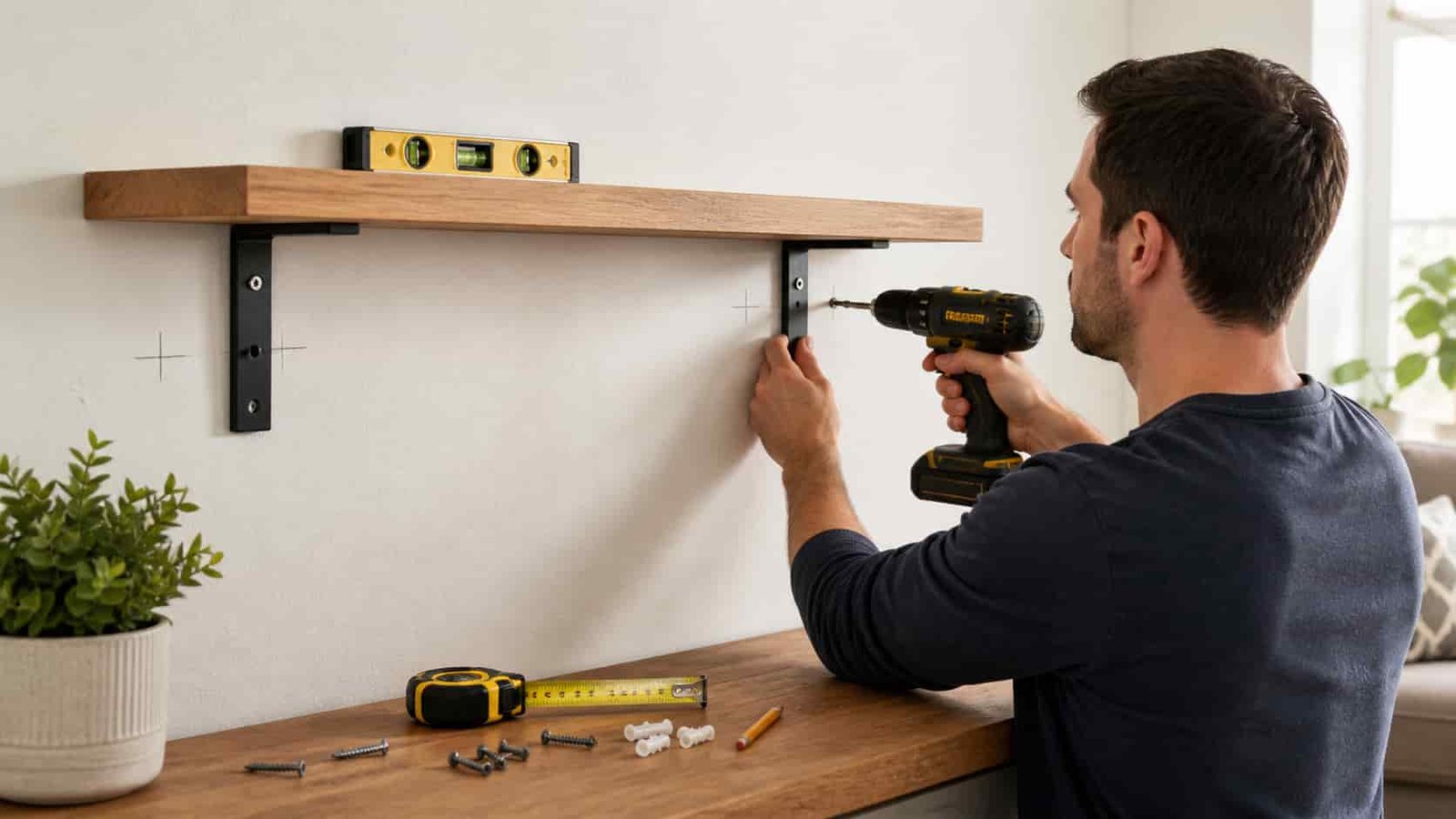 Appendere una mensola - Uomo che appende una mensola in legno al muro usando trapano, staffe metalliche, livella, viti e tasselli
