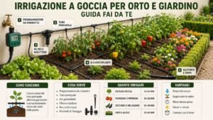 Impianto di irrigazione a goccia per orto e giardino con programmatore, tubo principale, filtro e ala gocciolante
