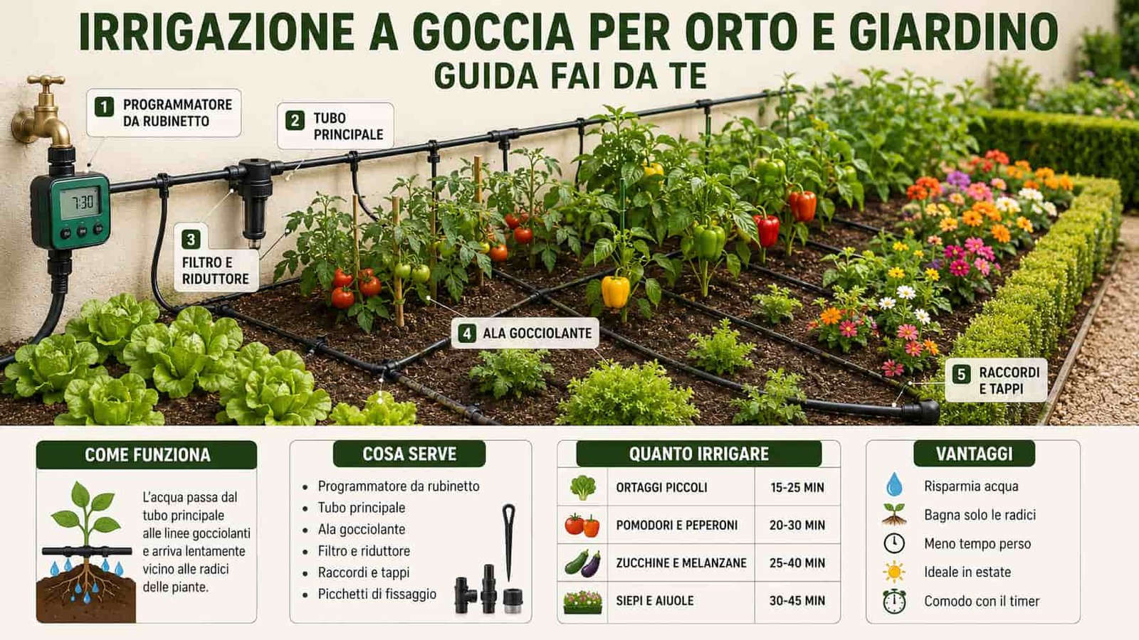 Impianto di irrigazione a goccia per orto e giardino con programmatore, tubo principale, filtro e ala gocciolante