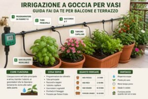 Impianto di irrigazione a goccia per vasi su balcone con programmatore, tubo principale e gocciolatori