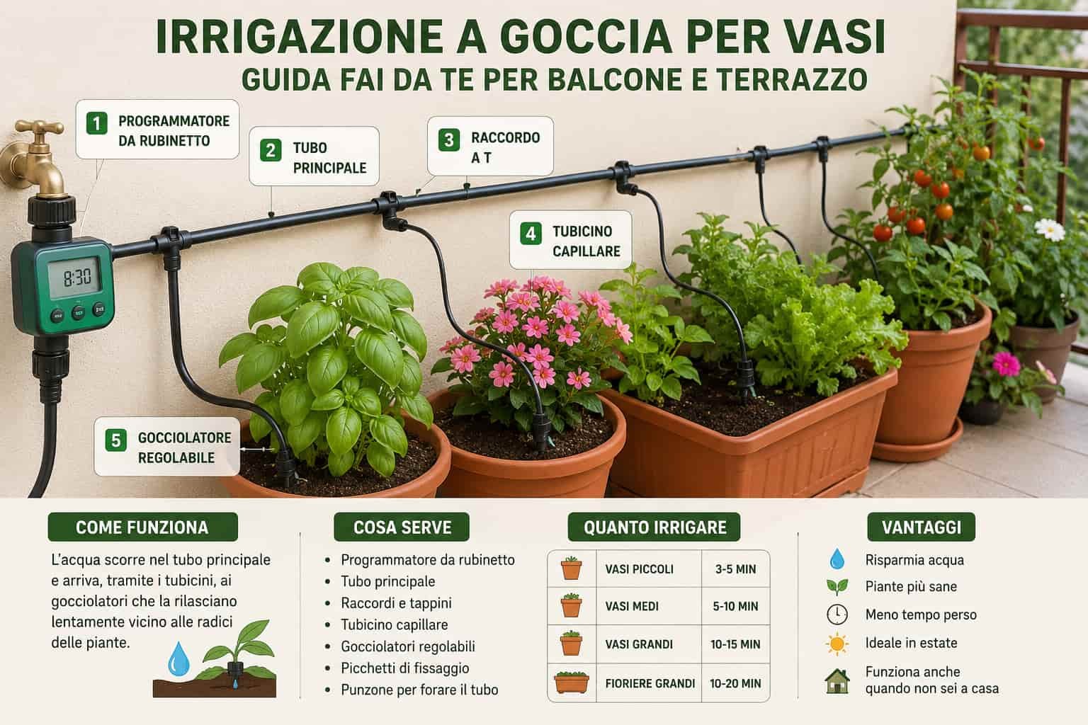 Impianto di irrigazione a goccia per vasi su balcone con programmatore, tubo principale e gocciolatori