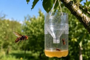 Trappola per calabroni fai da te con bottiglia di plastica appesa a un albero in giardino