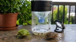Trappola per cimici fai da te costruita con una bottiglia di plastica