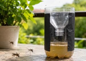 Trappola per zanzare fai da te realizzata con una bottiglia di plastica, esca liquida e copertura scura in giardino